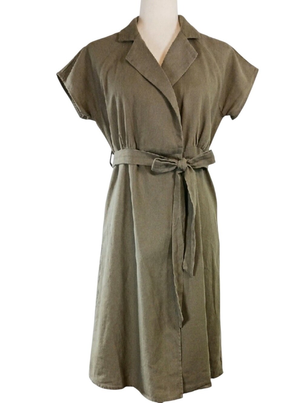 ACTIVE USA Knee Length Linen Blend Wrap Dress Tie Waist Olive Green Size M